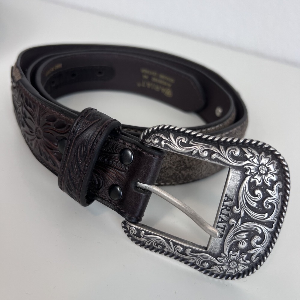 Ariat Longhorn Belt Mens 44 Distressed Brown Leather Western Ranch‎ Rodeo Cowboy